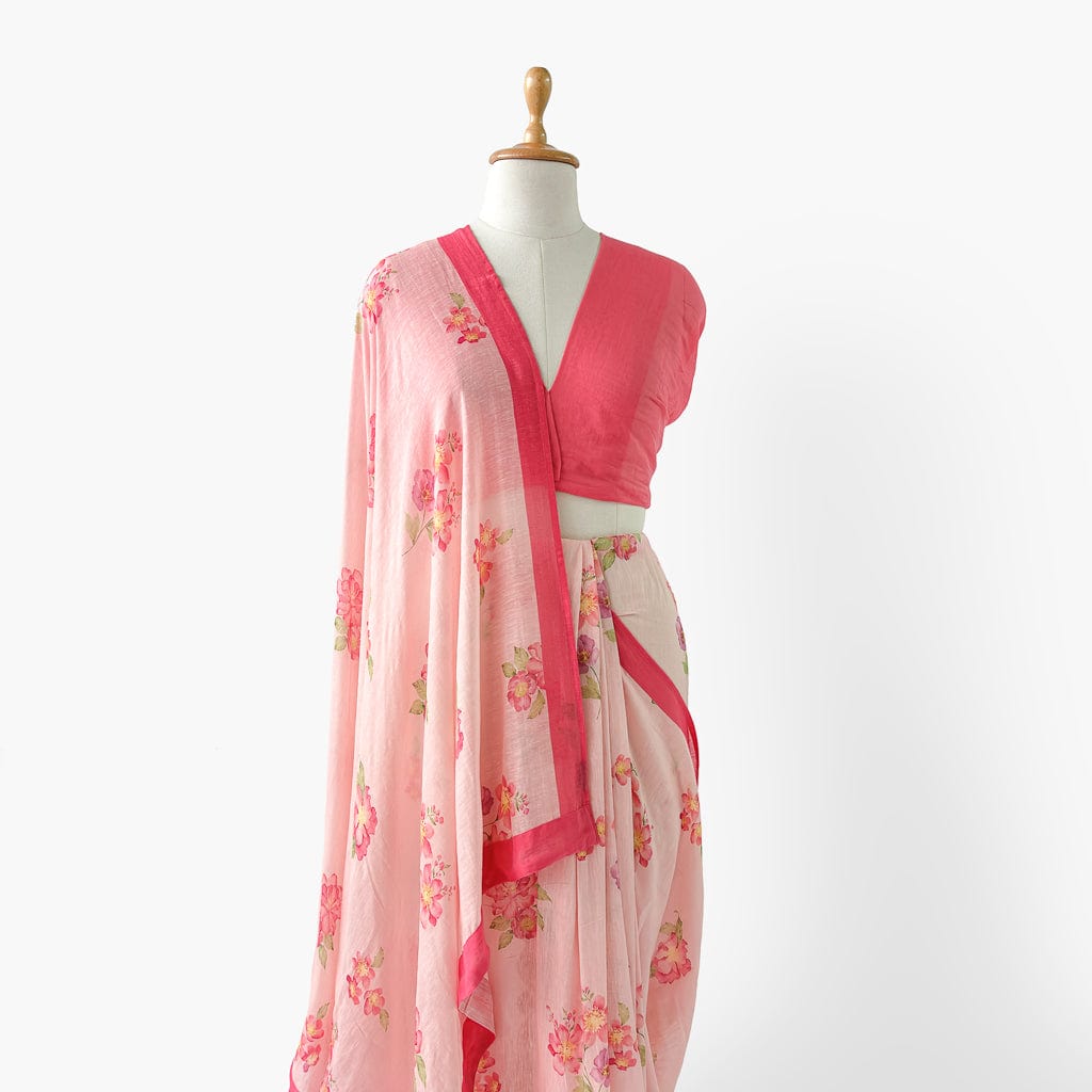 Pure Linen Saree Saree Rose Pink The Linen Story Printed Pure Linen Saree With Unstitched Blouse Piece