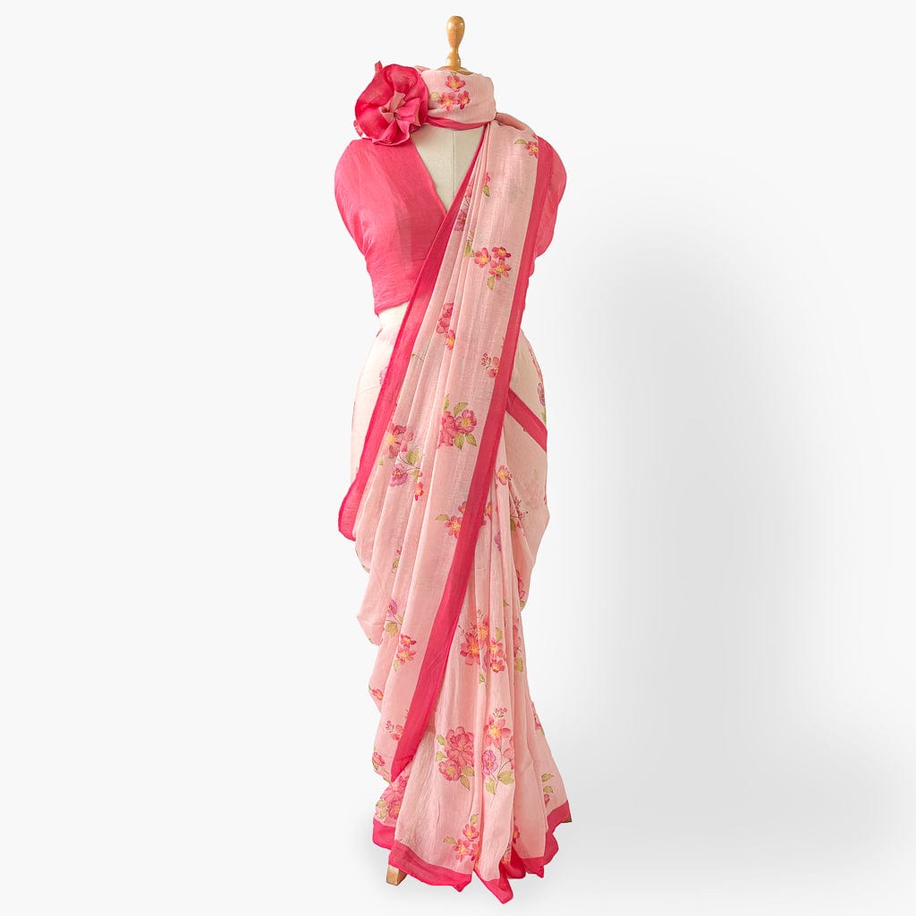 Pure Linen Saree Saree Rose Pink The Linen Story Printed Pure Linen Saree With Unstitched Blouse Piece