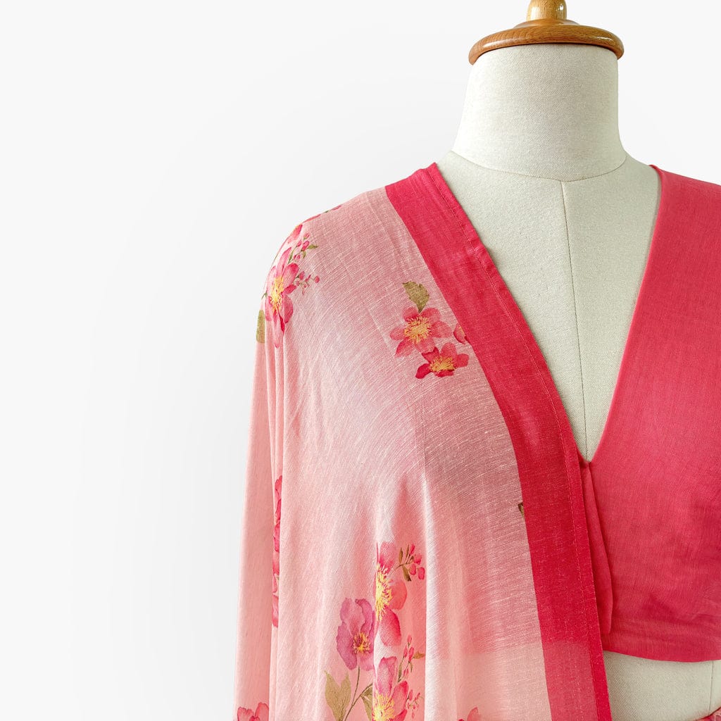 Pure Linen Saree Saree Rose Pink The Linen Story Printed Pure Linen Saree With Unstitched Blouse Piece