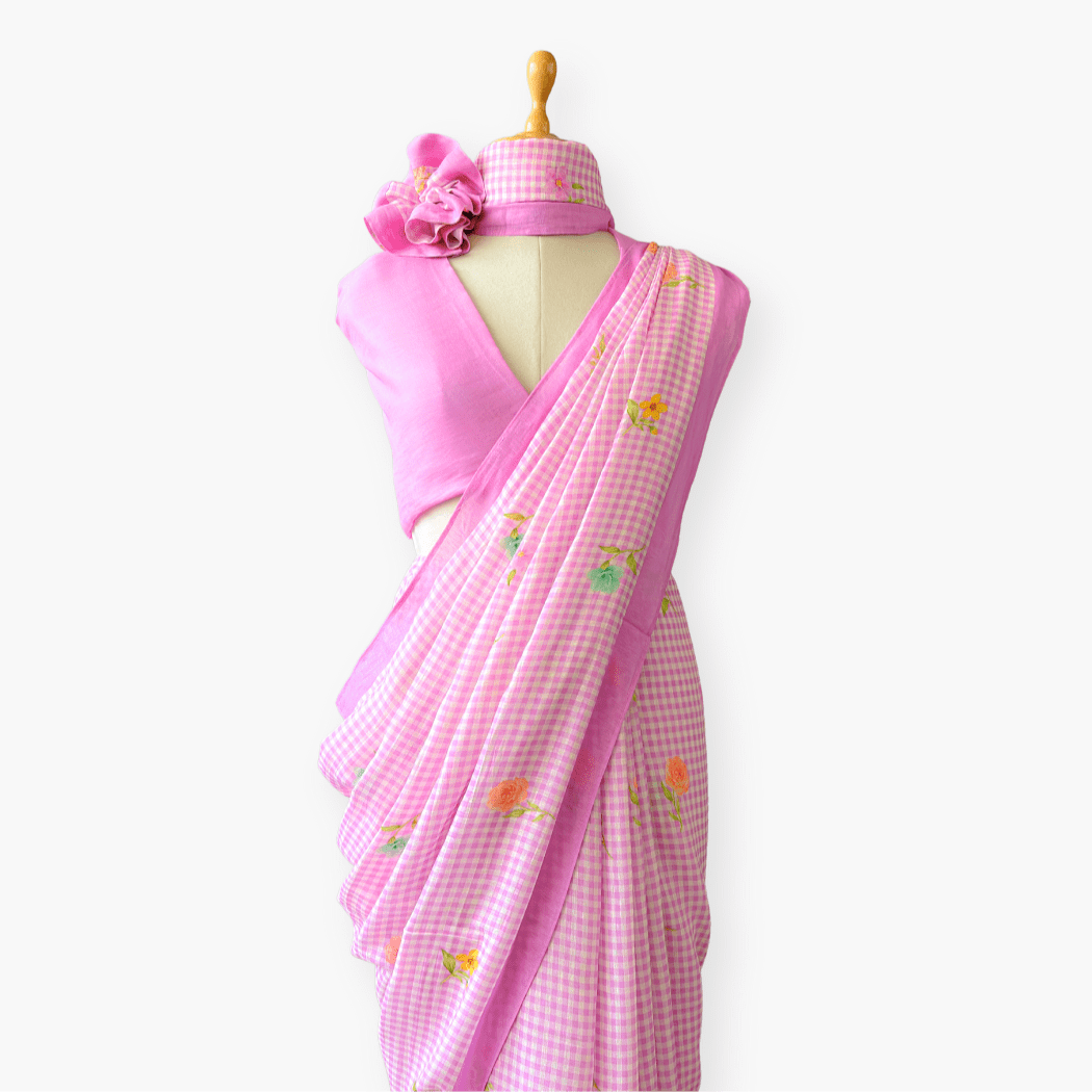 Pure Linen Saree Saree Soft Mauve The Linen Story Printed Pure Linen Saree With Unstitched Blouse Piece