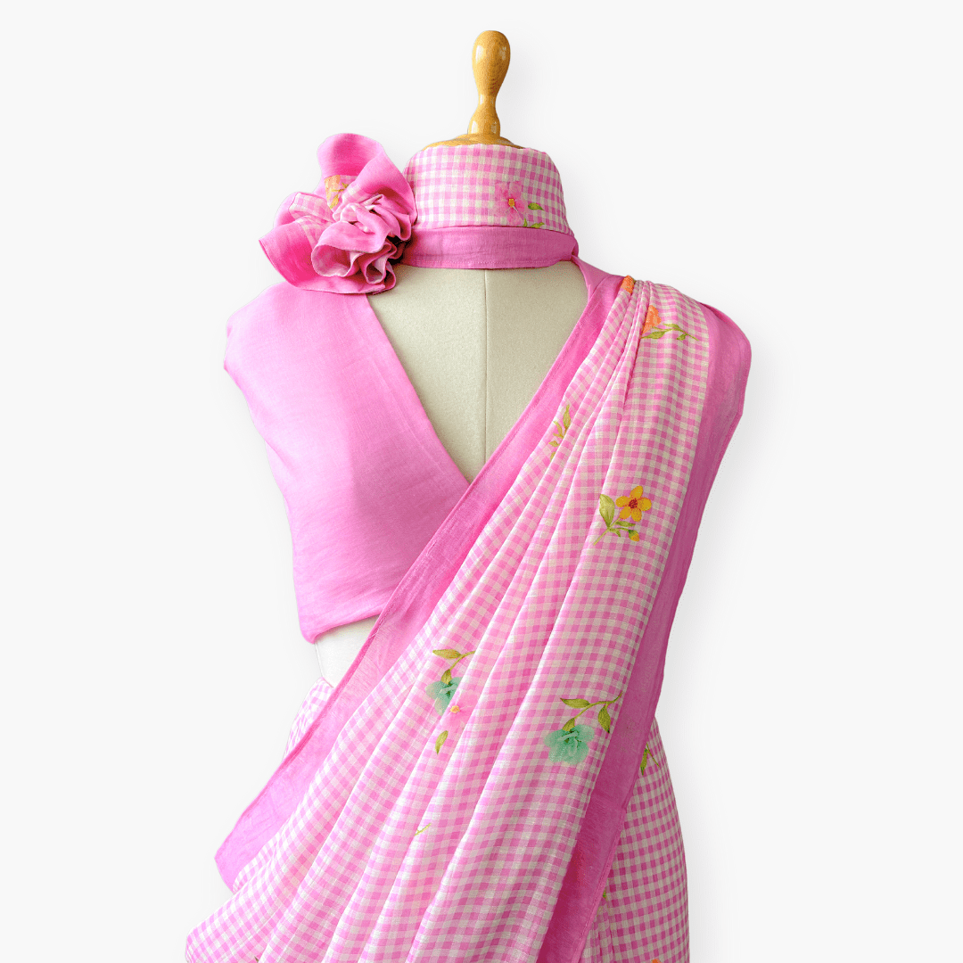 Pure Linen Saree Saree Soft Mauve The Linen Story Printed Pure Linen Saree With Unstitched Blouse Piece