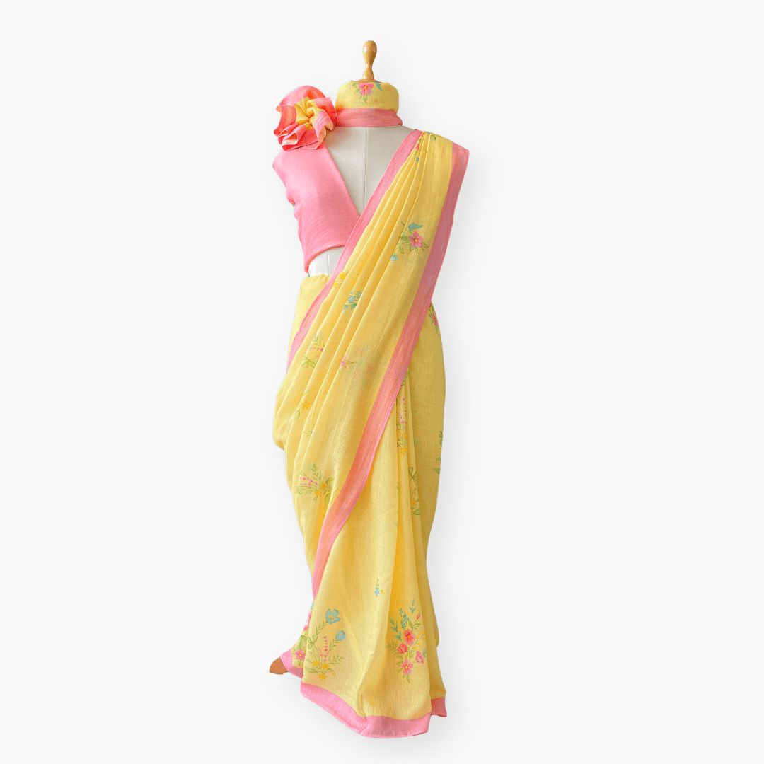 Pure Linen Saree Saree Soft Yellow The Linen Story Printed Pure Linen Saree With Unstitched Blouse Piece