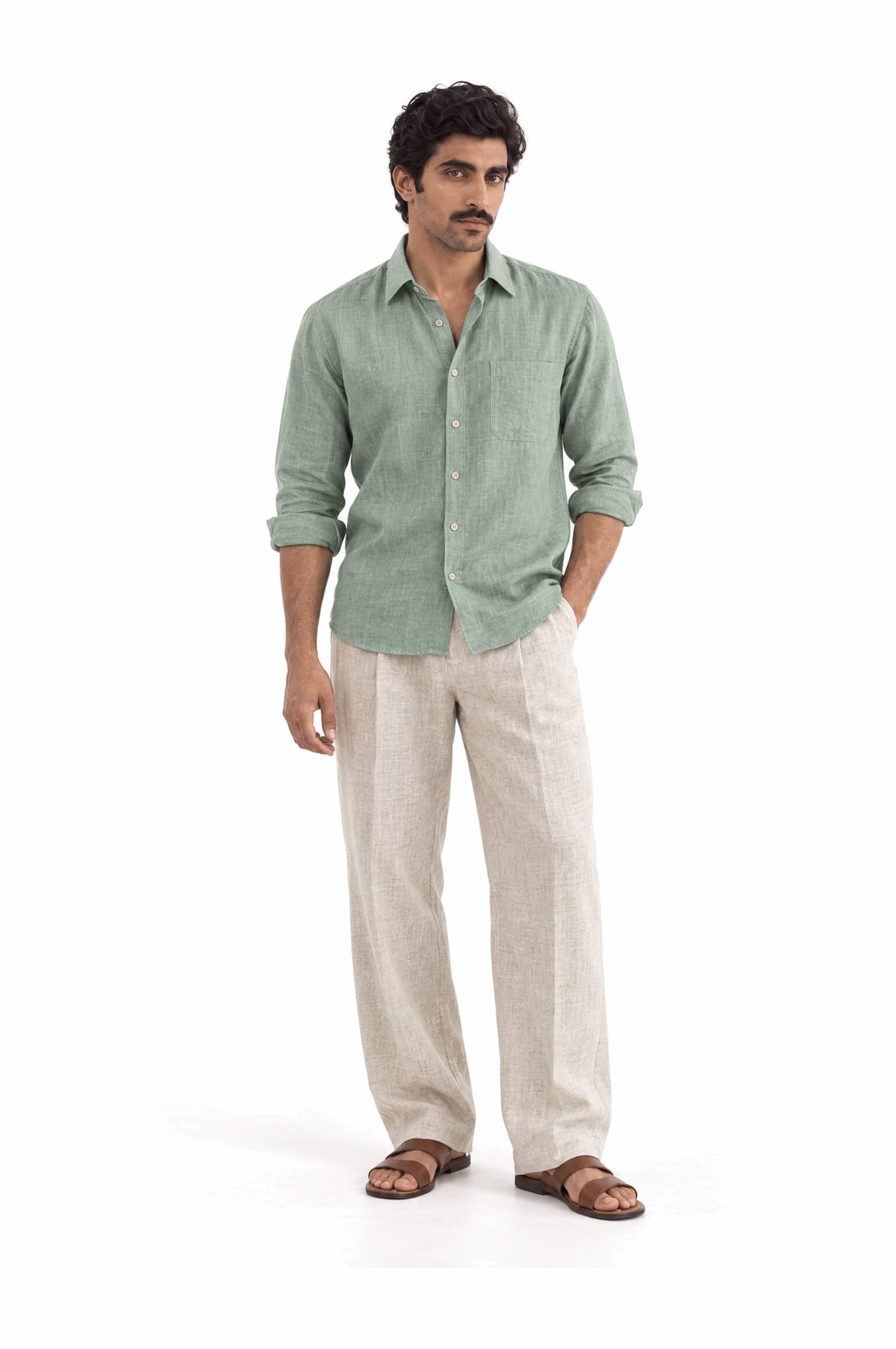 Pure Linen Shirt & Trouser Combo Shirt Pant Combo Iced Matcha Linen Unstitched Shirt & Pant Combo