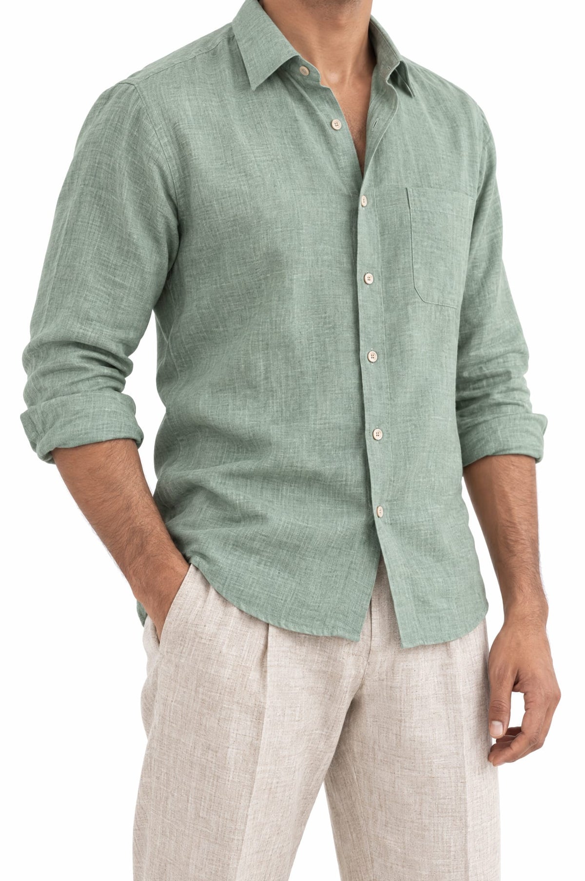 Pure Linen Shirt & Trouser Combo Shirt Pant Combo Iced Matcha Linen Unstitched Shirt & Pant Combo