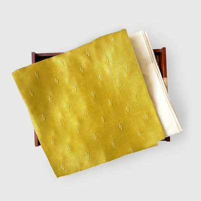 Raw Silk Kurta Set Kurta Set Unisex Bright Yellow | Embroidered Pure Raw Silk Kurta Fabric (3 Meters) | and Cotton Pyjama (2.5 Meters) | Unstitched Combo Set