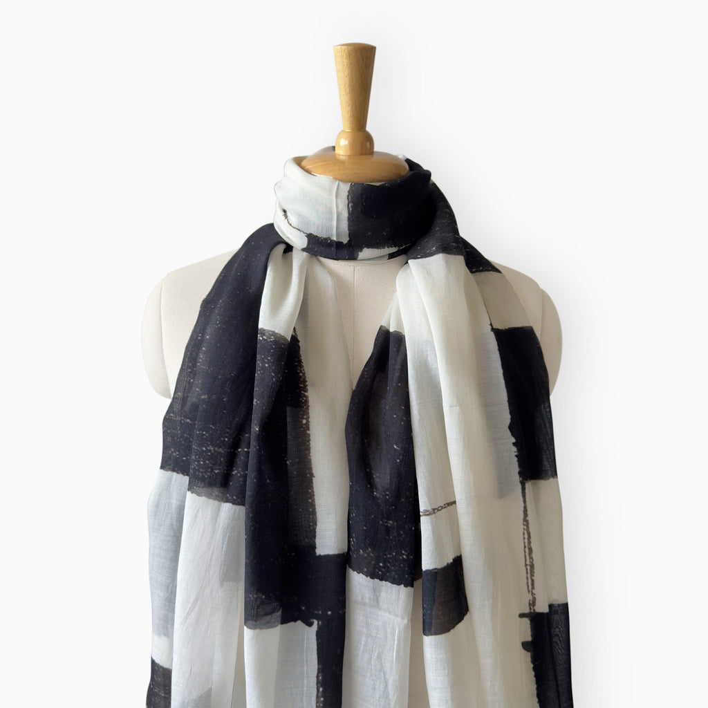 Scarves Dupatta Ivory & Black Mul Chanderi Stole
