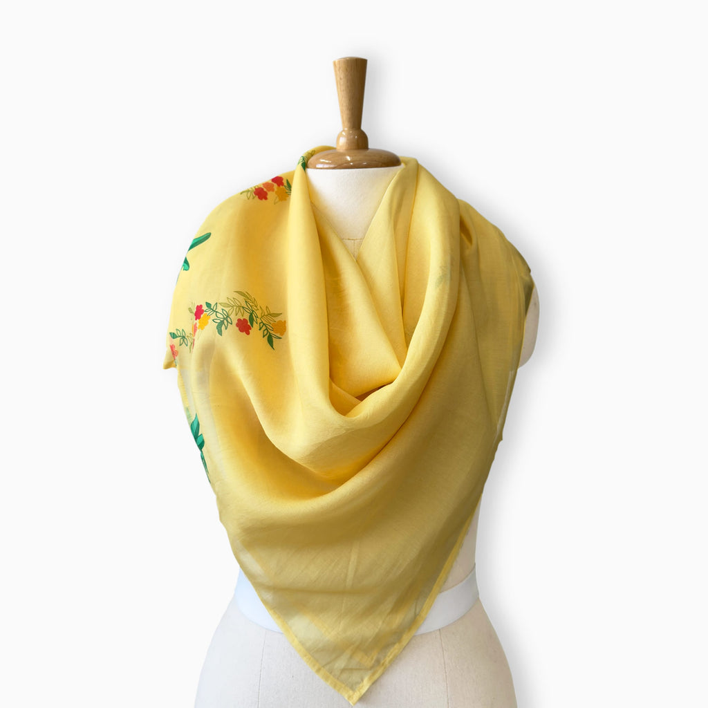 Scarves Dupatta Mango Yellow Floral Printed Pure Mul Chanderi Scarf