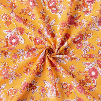 Screen Printed Cotton Cambric Fabric Cut Piece (CUT PIECE) Mango Yellow & Pink Floral Vines All Over Screen Printed Pure Cotton Cambric Fabric (Width 44 Inches)