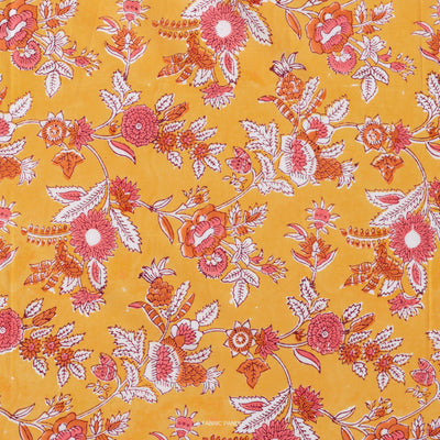 Screen Printed Cotton Cambric Fabric Cut Piece (CUT PIECE) Mango Yellow & Pink Floral Vines All Over Screen Printed Pure Cotton Cambric Fabric (Width 44 Inches)