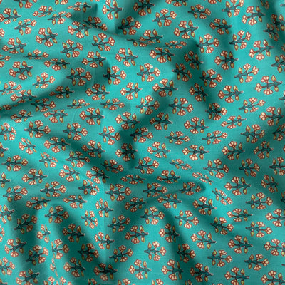 Screen Printed Cotton Fabric Cut Piece (CUT PIECE) Aquamarine & Orange Abstract Floral Screen Printed Pure Cotton Fabric (Width 43 inches)
