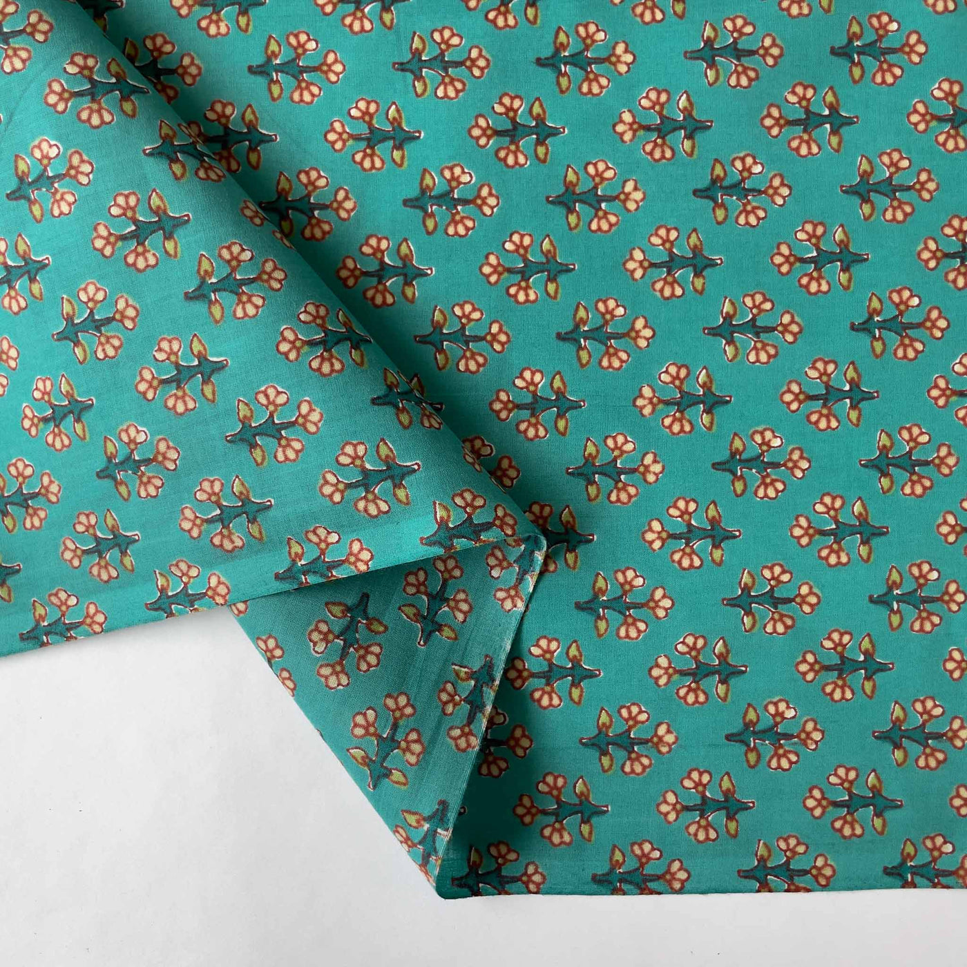 Screen Printed Cotton Fabric Cut Piece (CUT PIECE) Aquamarine & Orange Abstract Floral Screen Printed Pure Cotton Fabric (Width 43 inches)