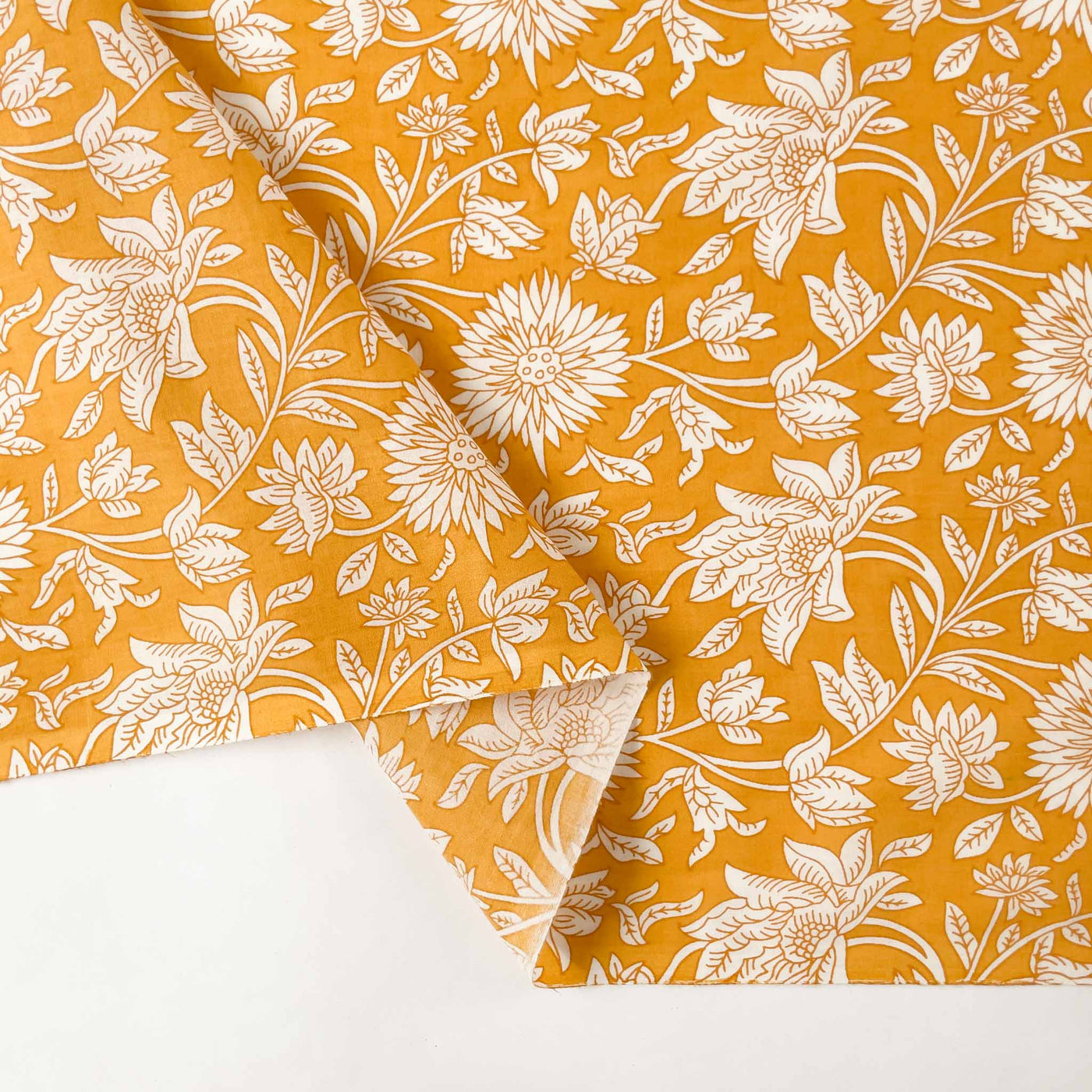 Screen Printed Cotton Fabric Cut Piece (CUT PIECE) Mango Yellow & White Sunflowers and Lilies Screen Printed Pure Cotton Fabric (Width 43 inches)