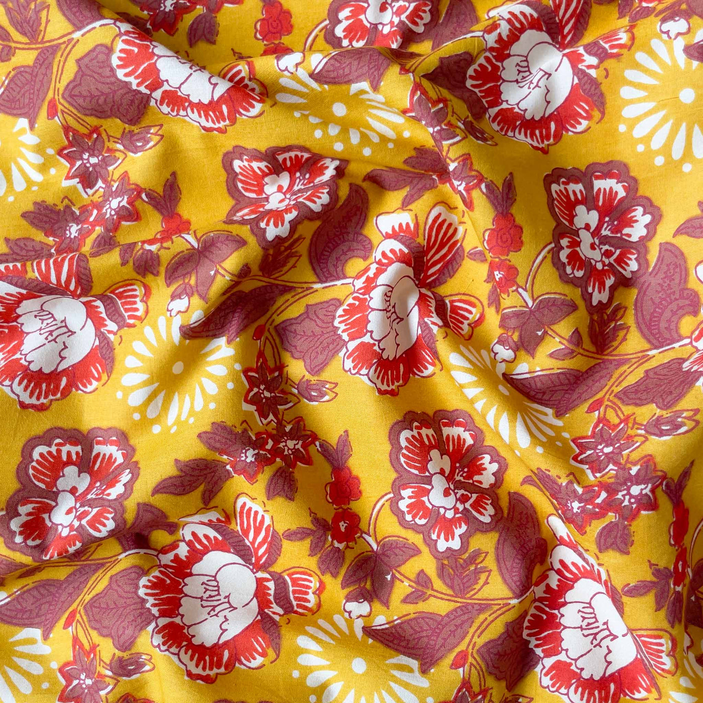 Screen Printed Cotton Fabric Cut Piece (CUT PIECE) Mustard Yellow & Brown Abstract Floral Screen Printed Pure Cotton Fabric (Width 43 inches)