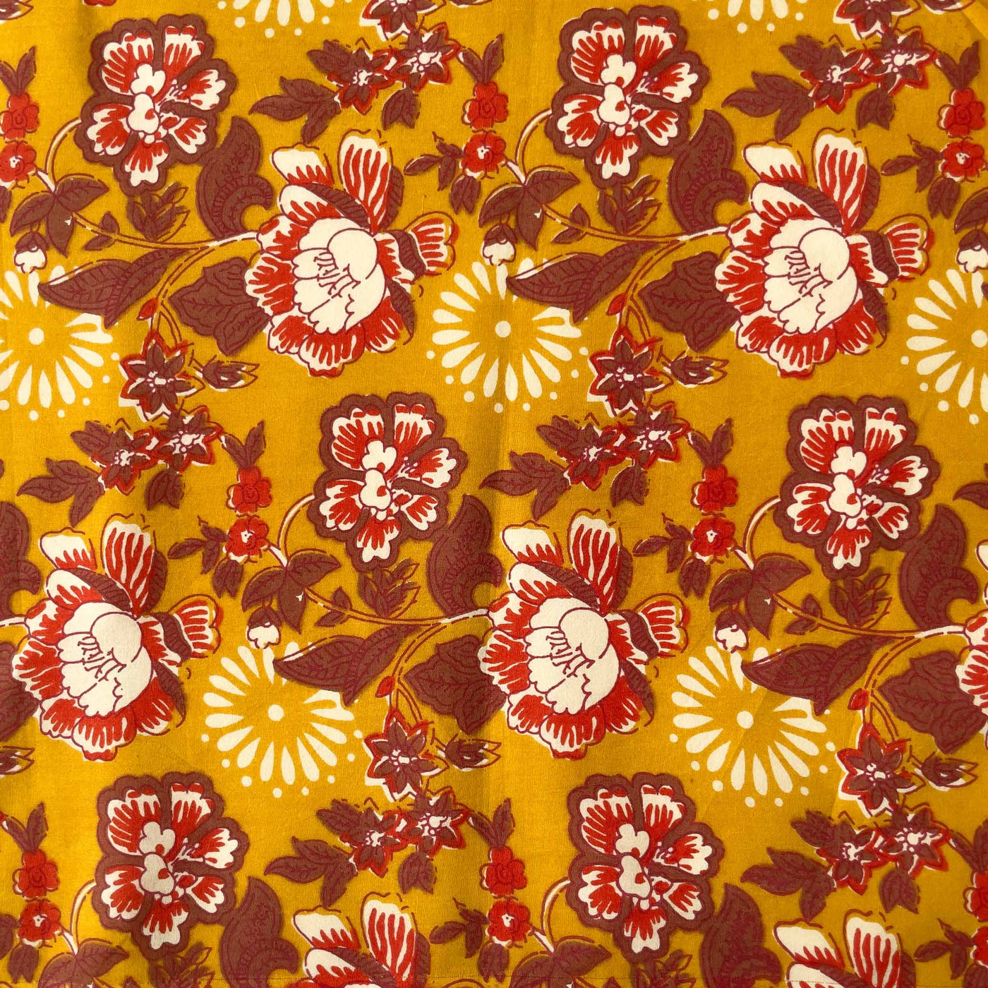 Screen Printed Cotton Fabric Cut Piece (CUT PIECE) Mustard Yellow & Brown Abstract Floral Screen Printed Pure Cotton Fabric (Width 43 inches)