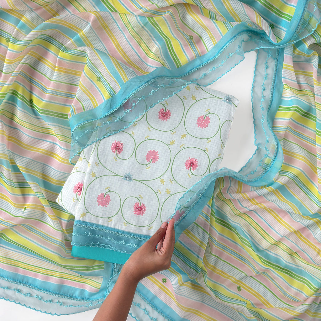 Sunlit Threads Suit Set Unstitched Suit Baby Blue & Pink Mul Chanderi Suit Set