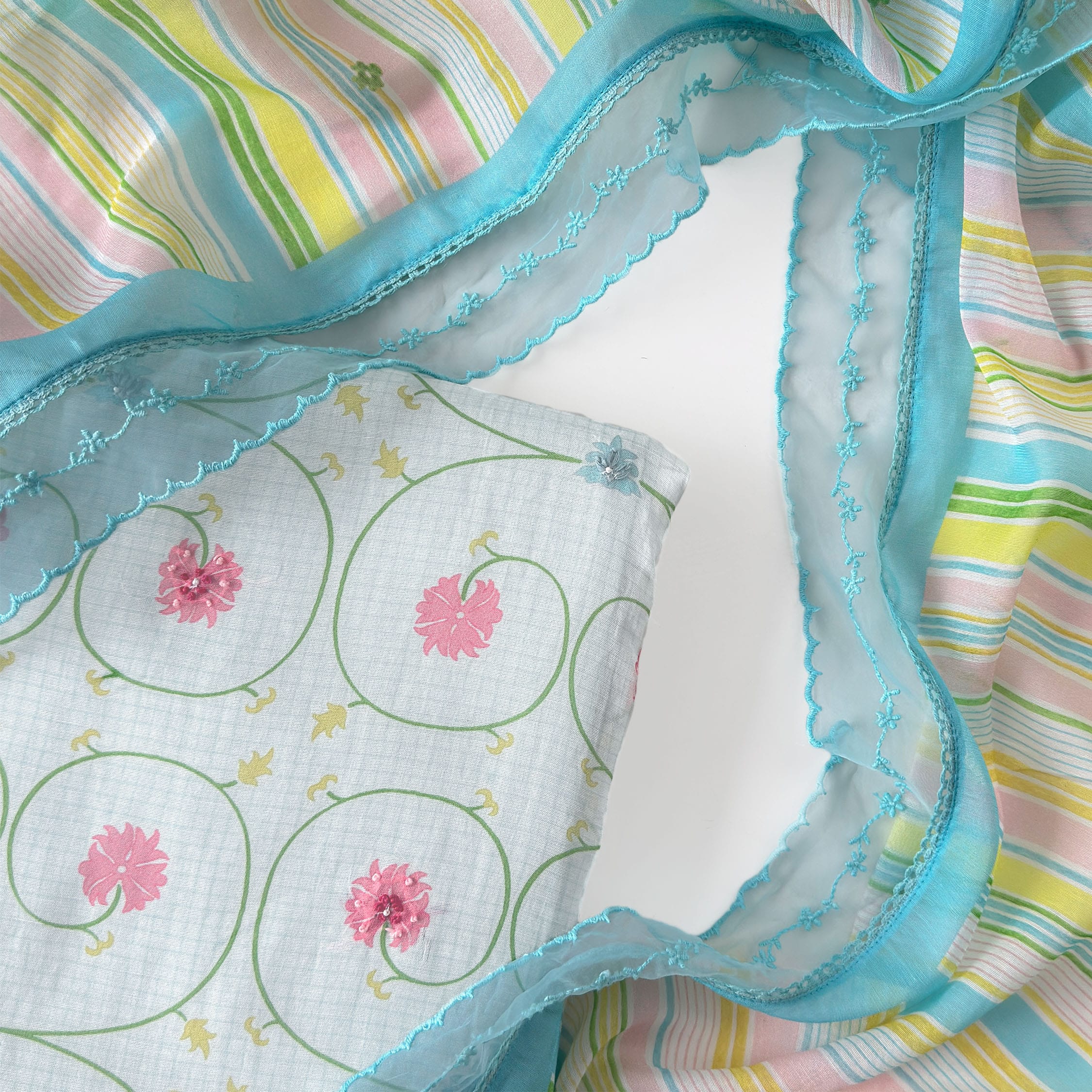 Sunlit Threads Suit Set Unstitched Suit Baby Blue & Pink Mul Chanderi Suit Set