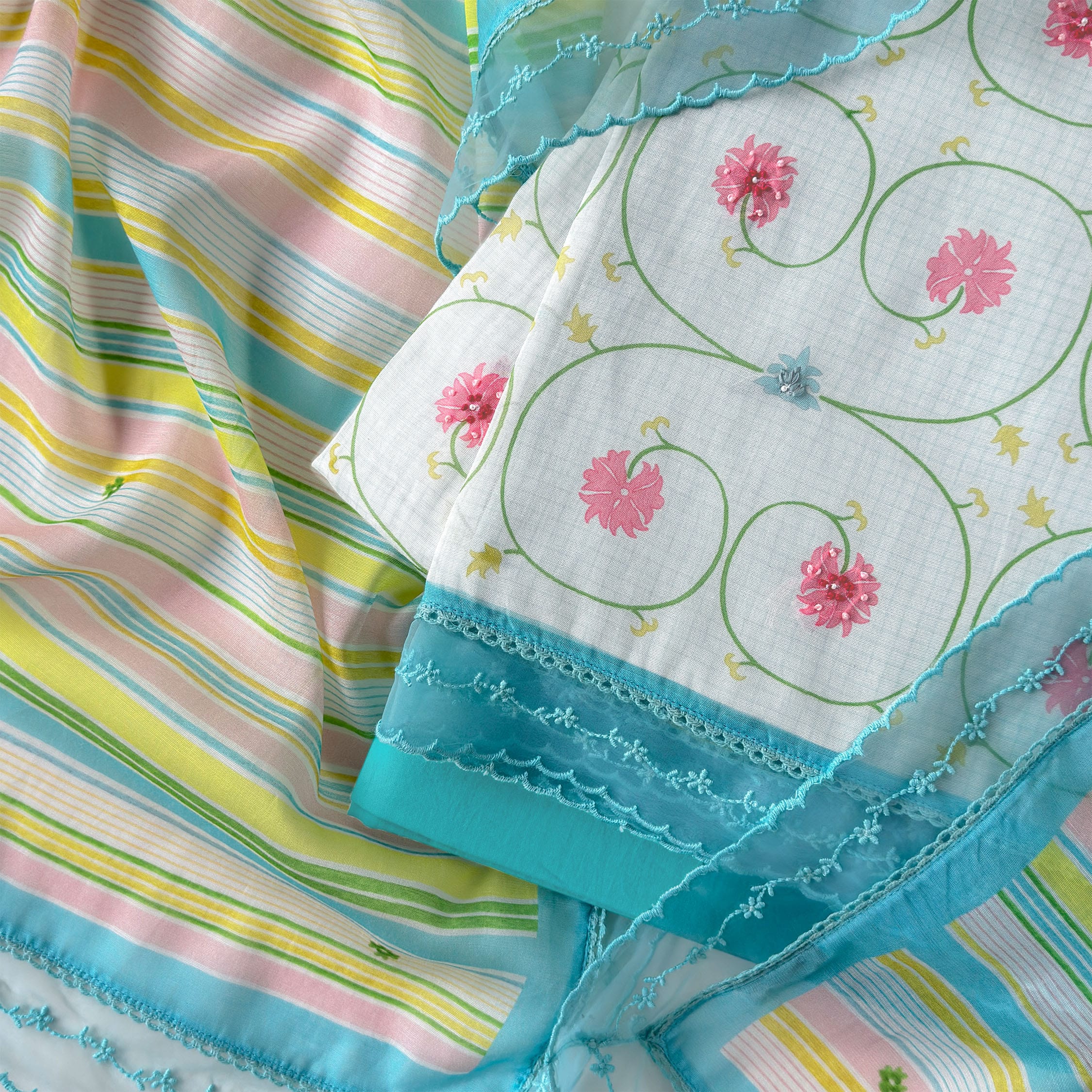 Sunlit Threads Suit Set Unstitched Suit Baby Blue & Pink Mul Chanderi Suit Set