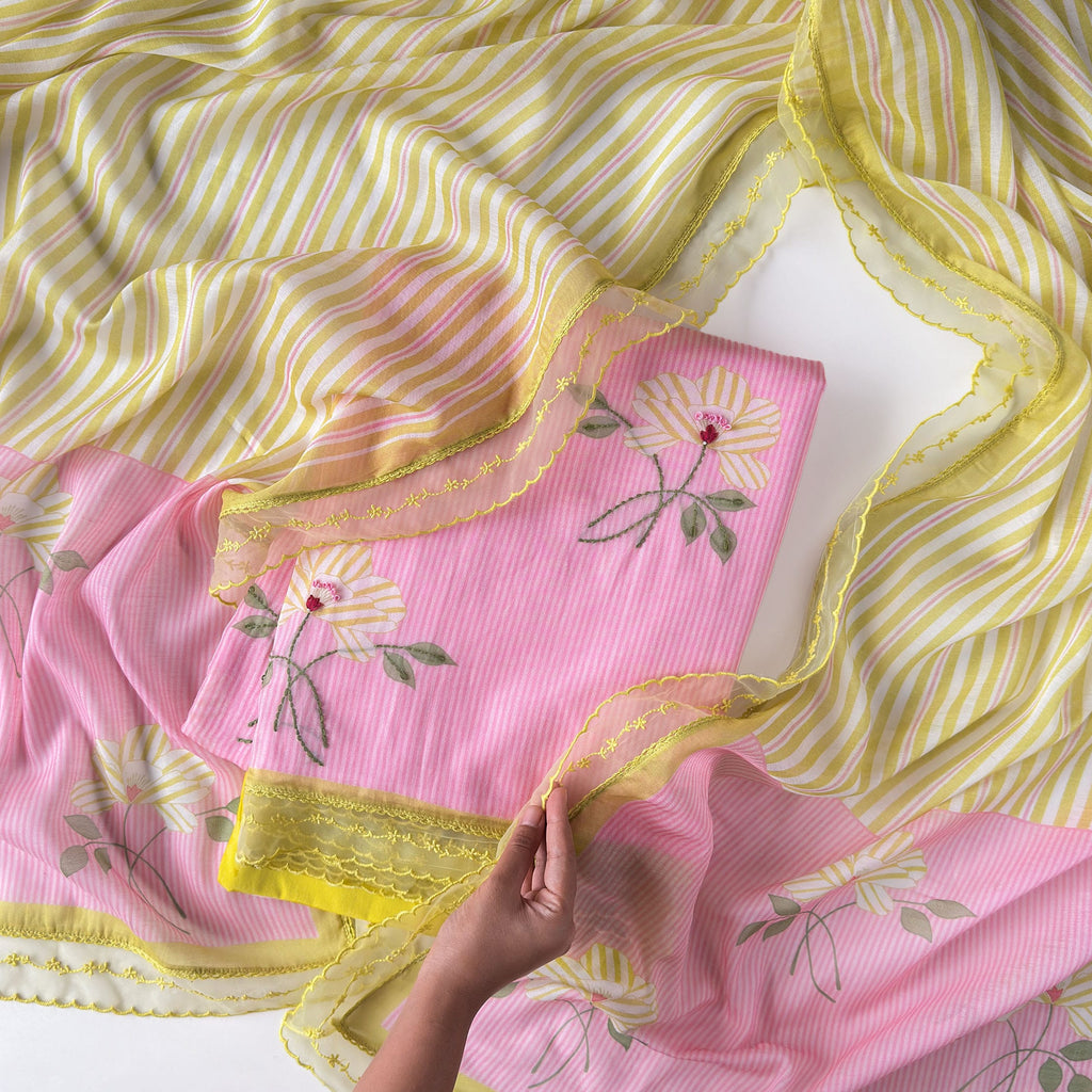 Sunlit Threads Suit Set Unstitched Suit Blush Pink & Yellow Mul Chanderi Suit Set