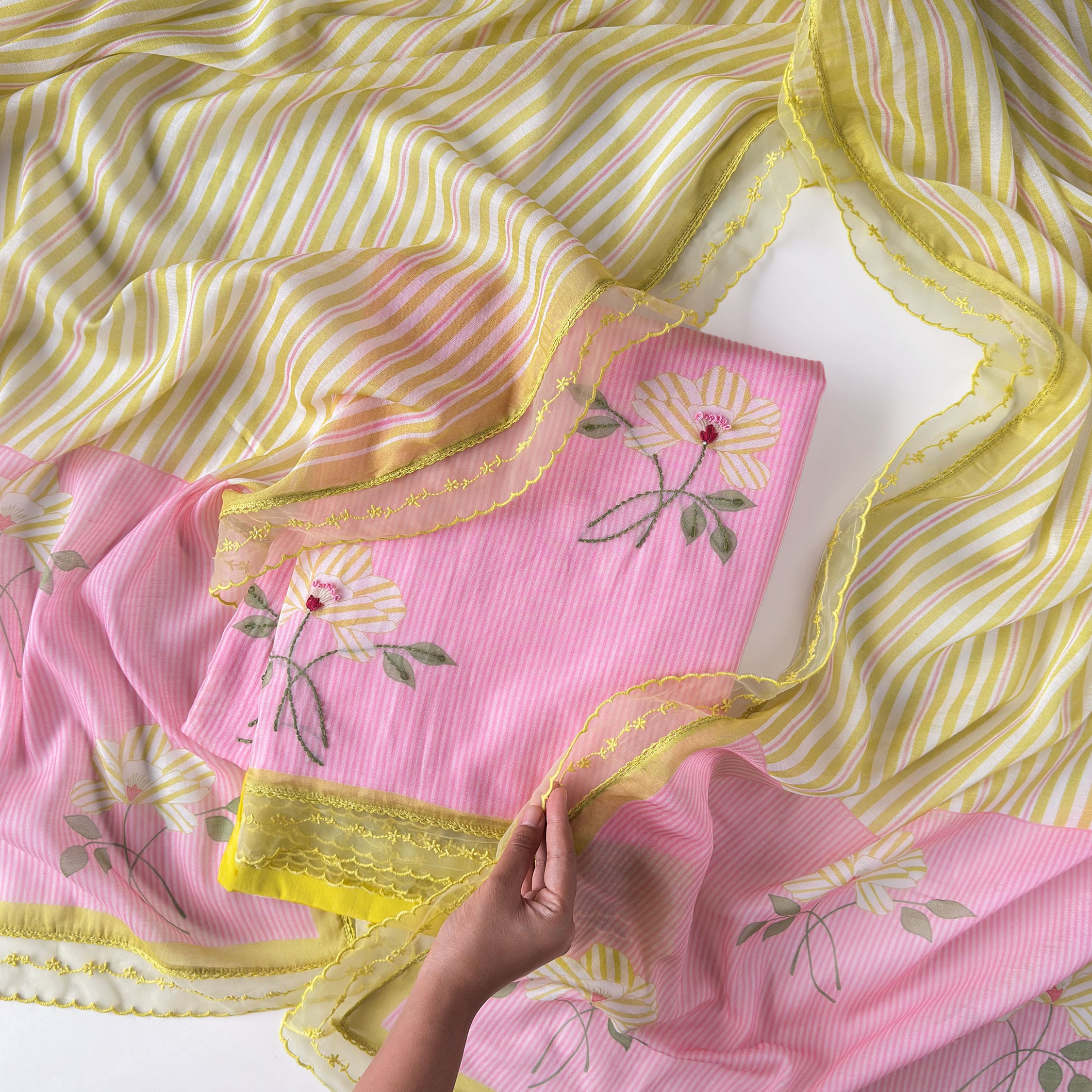 Sunlit Threads Suit Set Unstitched Suit Blush Pink & Yellow Mul Chanderi Suit Set