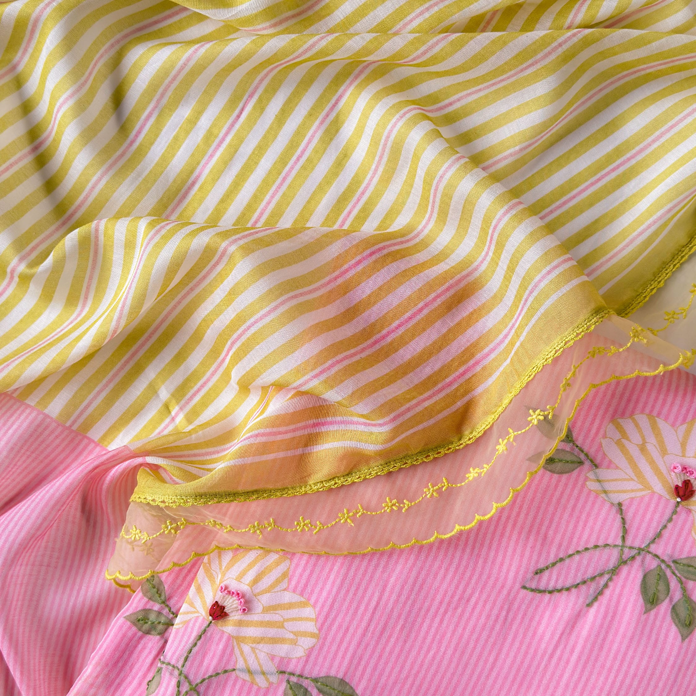 Sunlit Threads Suit Set Unstitched Suit Blush Pink & Yellow Mul Chanderi Suit Set