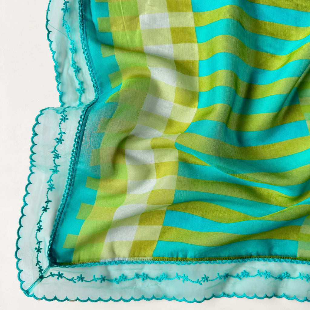 Sunlit Threads Suit Set Unstitched Suit Cyan Blue & Lush Green Mul Chanderi Suit Set