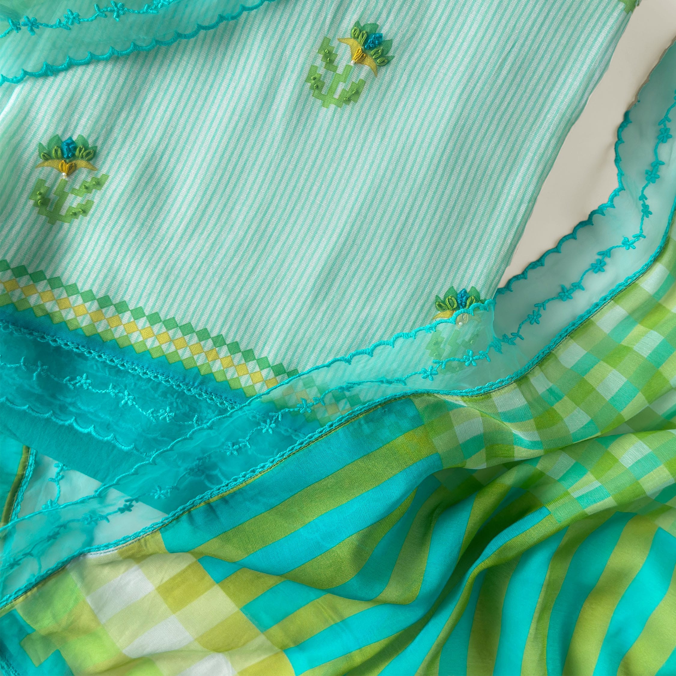Sunlit Threads Suit Set Unstitched Suit Cyan Blue & Lush Green Mul Chanderi Suit Set