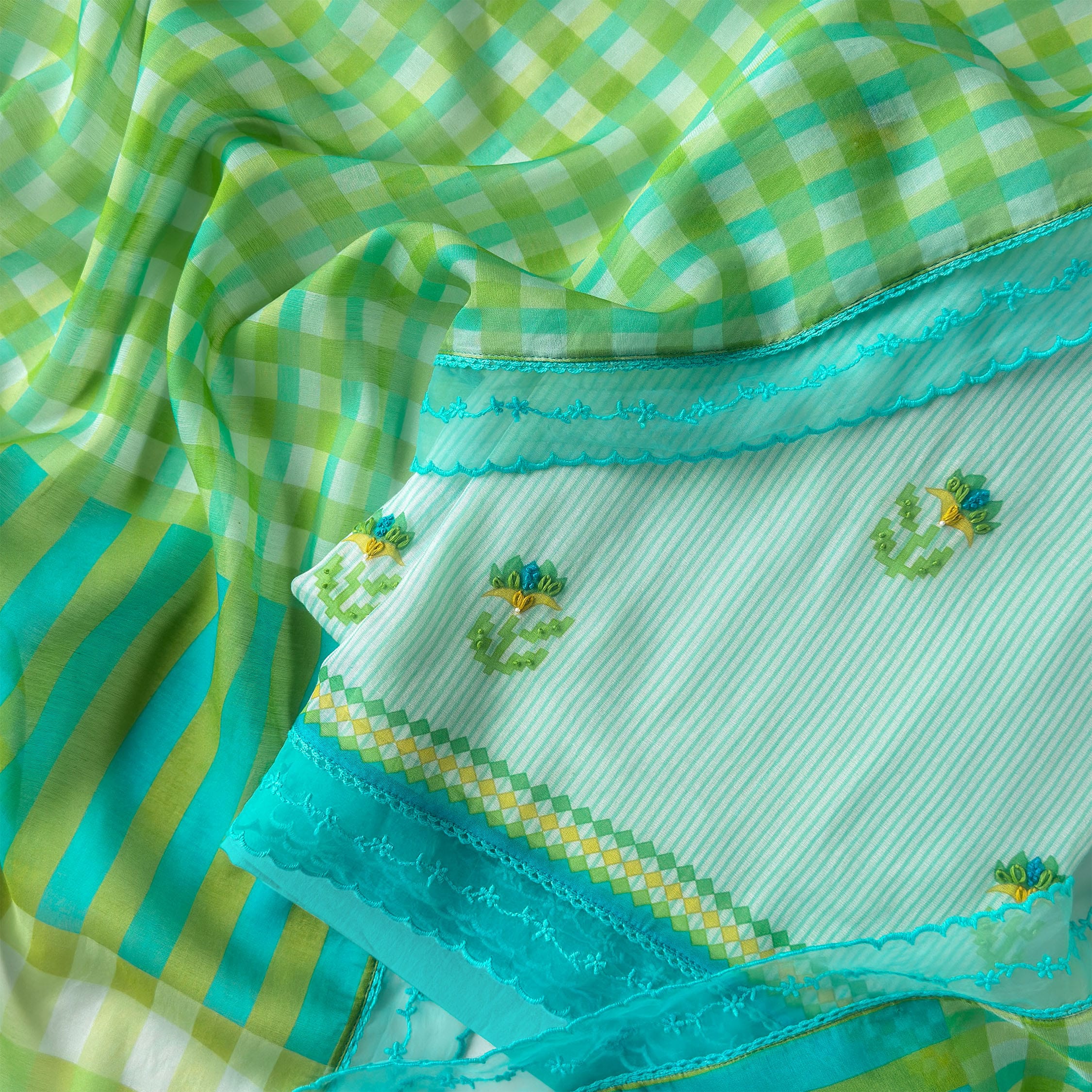 Sunlit Threads Suit Set Unstitched Suit Cyan Blue & Lush Green Mul Chanderi Suit Set