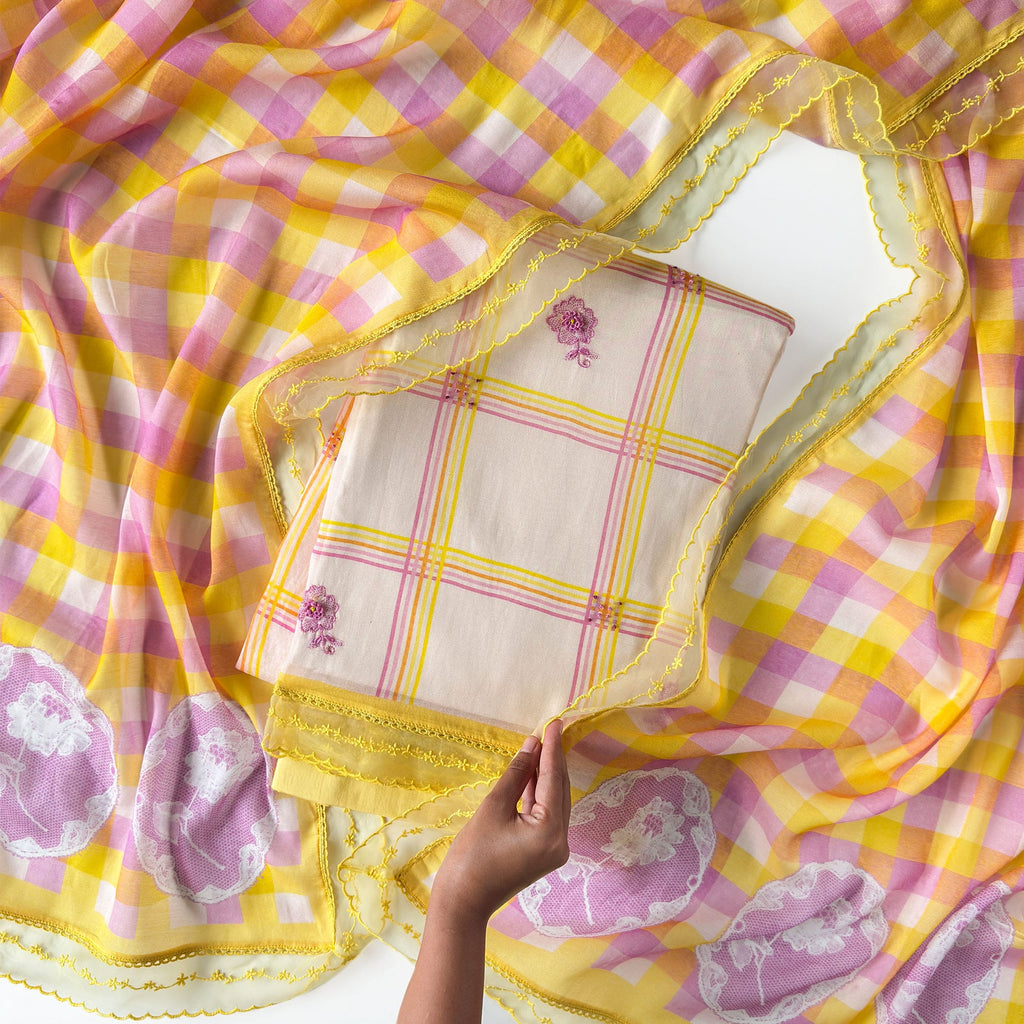 Sunlit Threads Suit Set Unstitched Suit Light Peach & Yellow-Lilac Mul Chanderi Suit Set