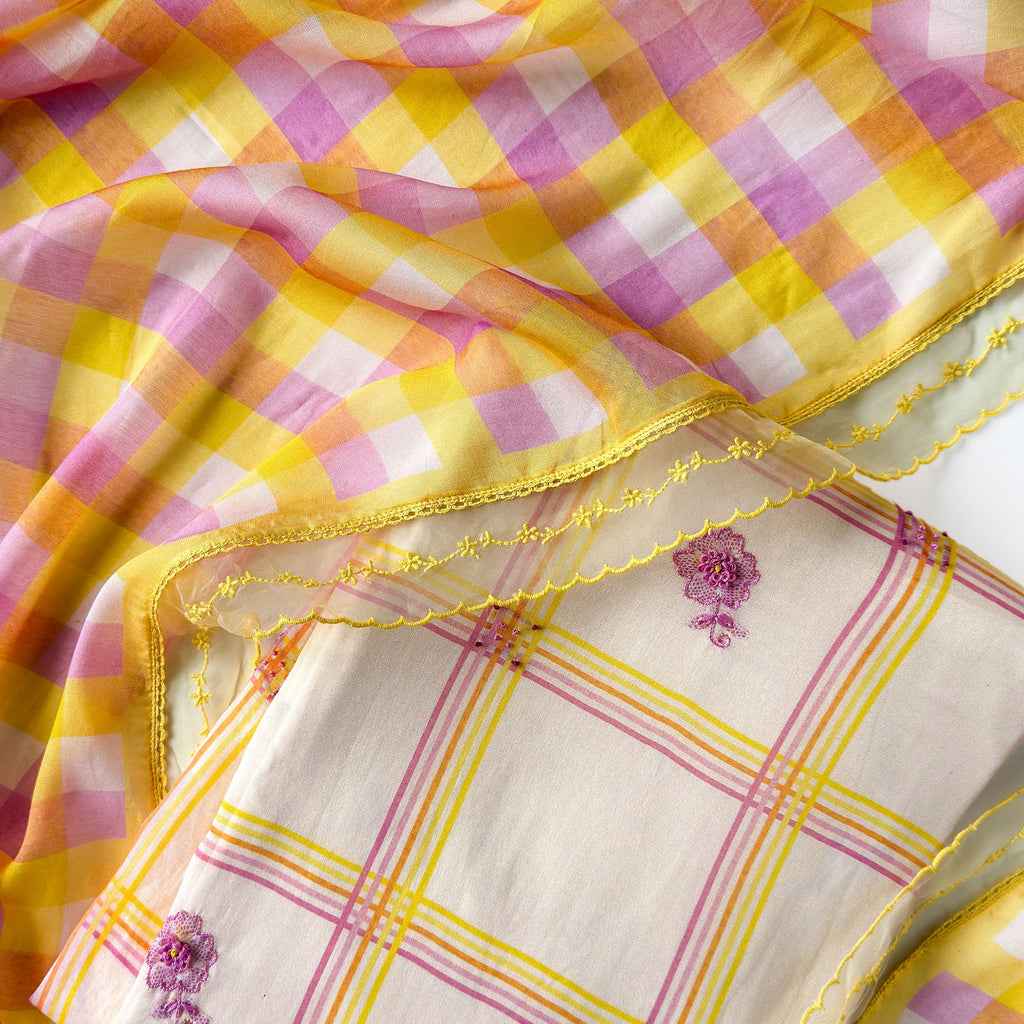 Sunlit Threads Suit Set Unstitched Suit Light Peach & Yellow-Lilac Mul Chanderi Suit Set