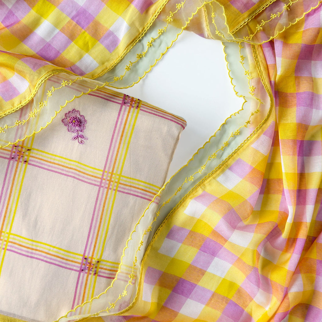 Sunlit Threads Suit Set Unstitched Suit Light Peach & Yellow-Lilac Mul Chanderi Suit Set