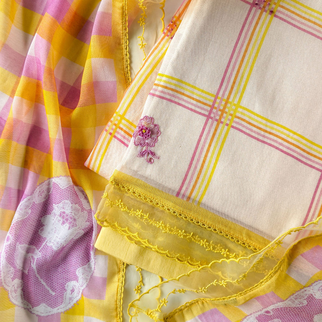 Sunlit Threads Suit Set Unstitched Suit Light Peach & Yellow-Lilac Mul Chanderi Suit Set