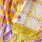 Sunlit Threads Suit Set Unstitched Suit Light Peach & Yellow-Lilac Mul Chanderi Suit Set