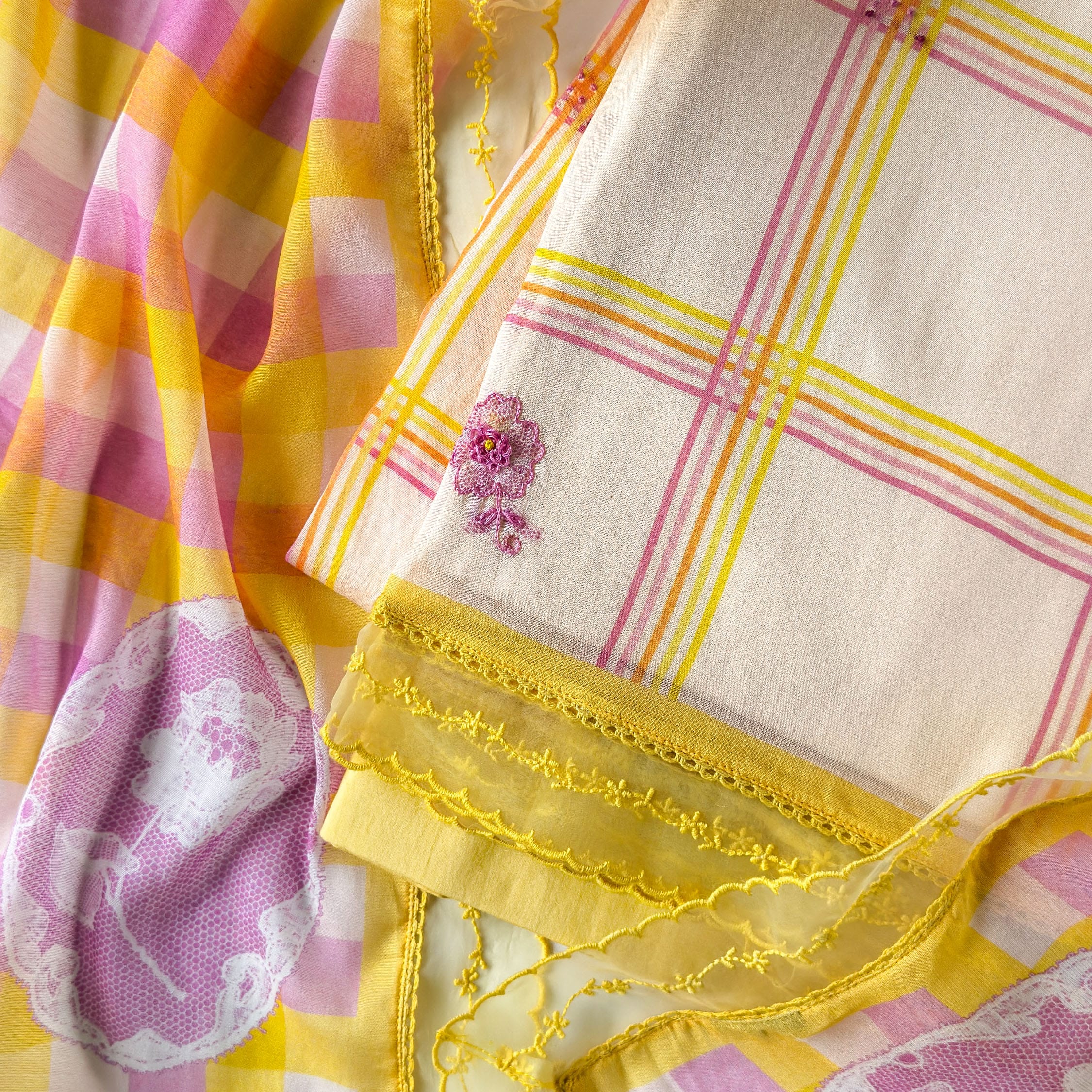 Sunlit Threads Suit Set Unstitched Suit Light Peach & Yellow-Lilac Mul Chanderi Suit Set