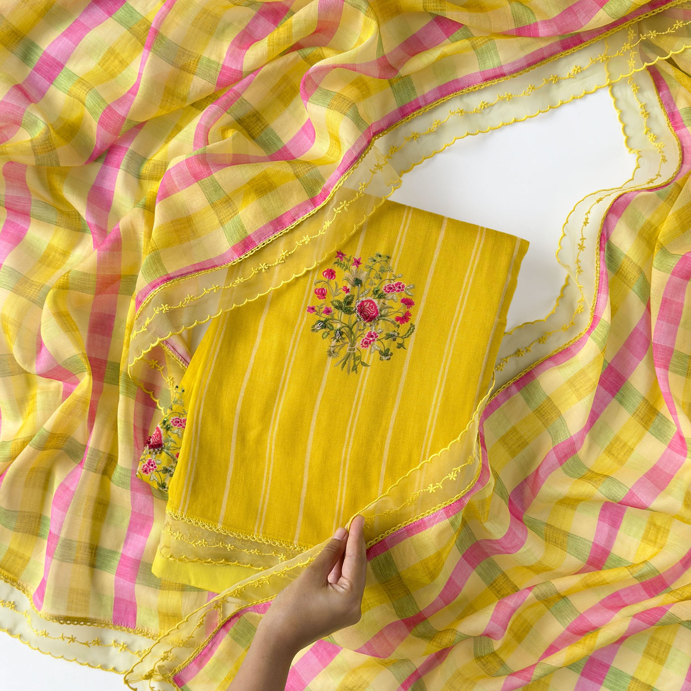 Sunlit Threads Suit Set Unstitched Suit Warm Yellow & Pink Mul Chanderi Suit Set