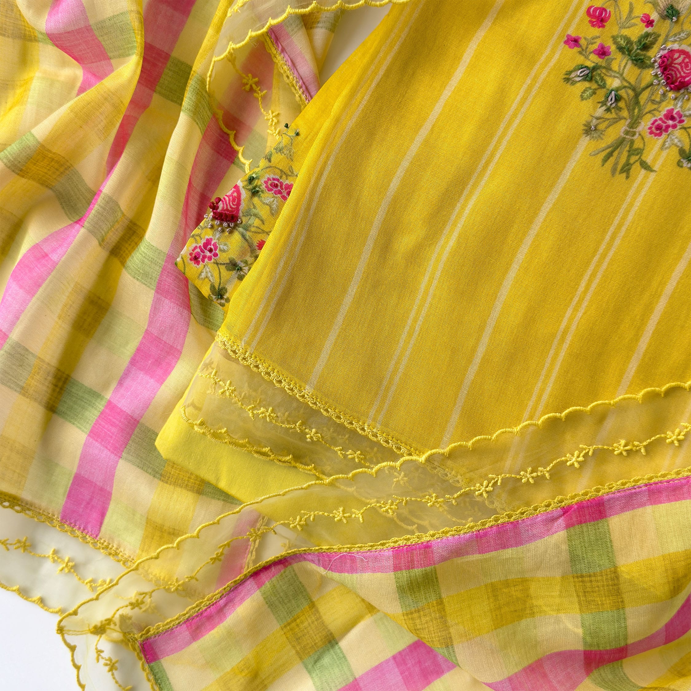 Sunlit Threads Suit Set Unstitched Suit Warm Yellow & Pink Mul Chanderi Suit Set