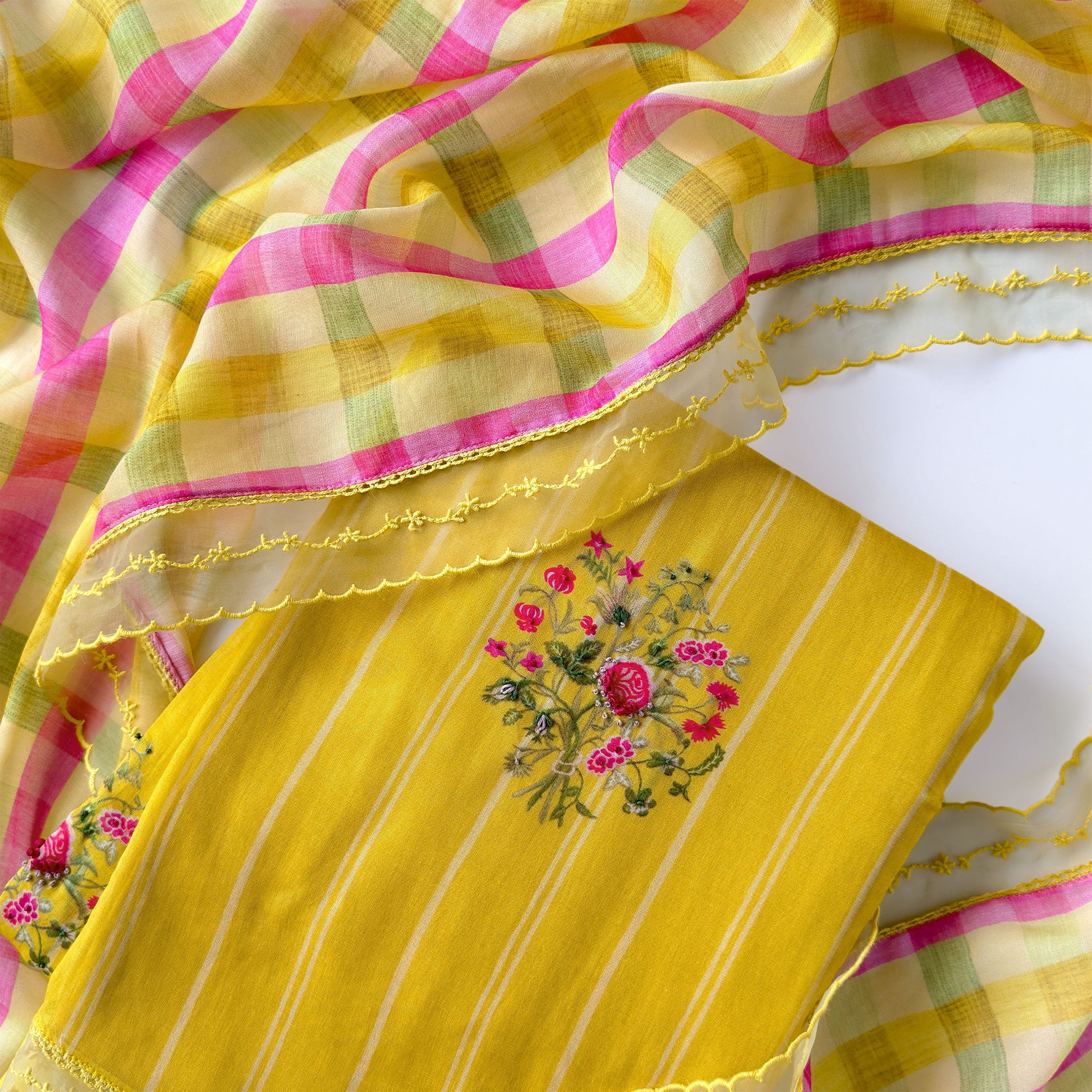 Sunlit Threads Suit Set Unstitched Suit Warm Yellow & Pink Mul Chanderi Suit Set