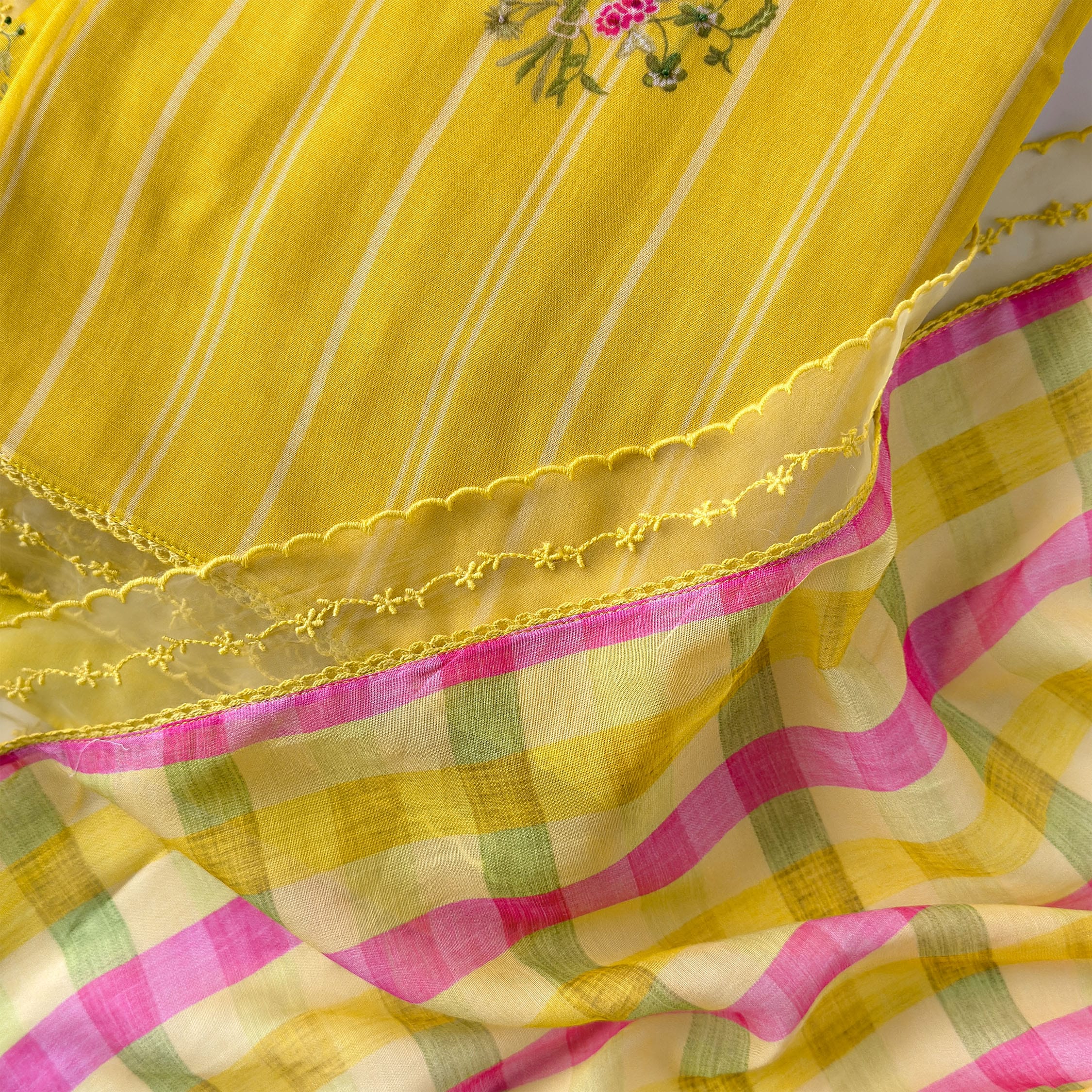 Sunlit Threads Suit Set Unstitched Suit Warm Yellow & Pink Mul Chanderi Suit Set