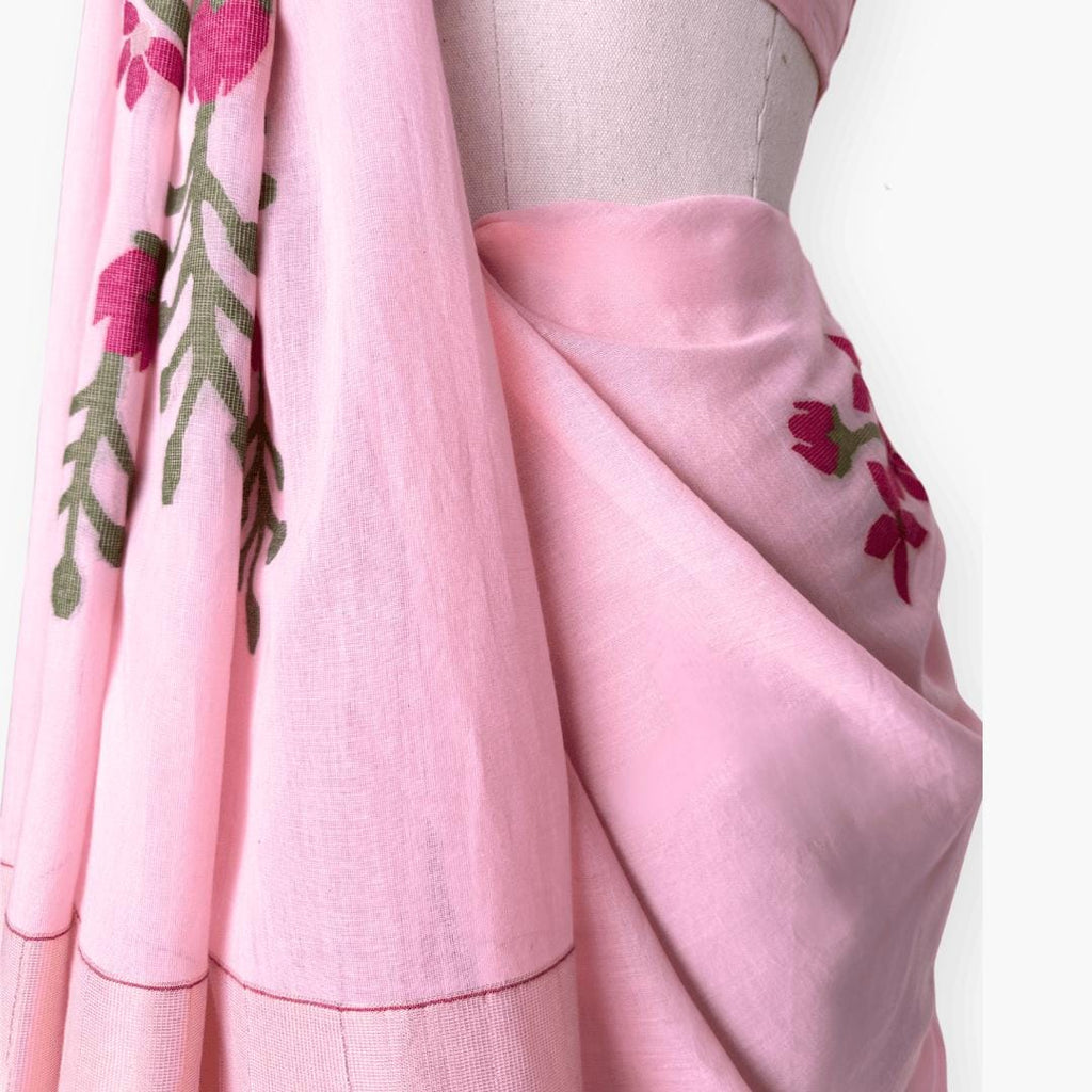 The Jamdani Story Saree Saree Baby Pink & Rani Mul Cotton Saree