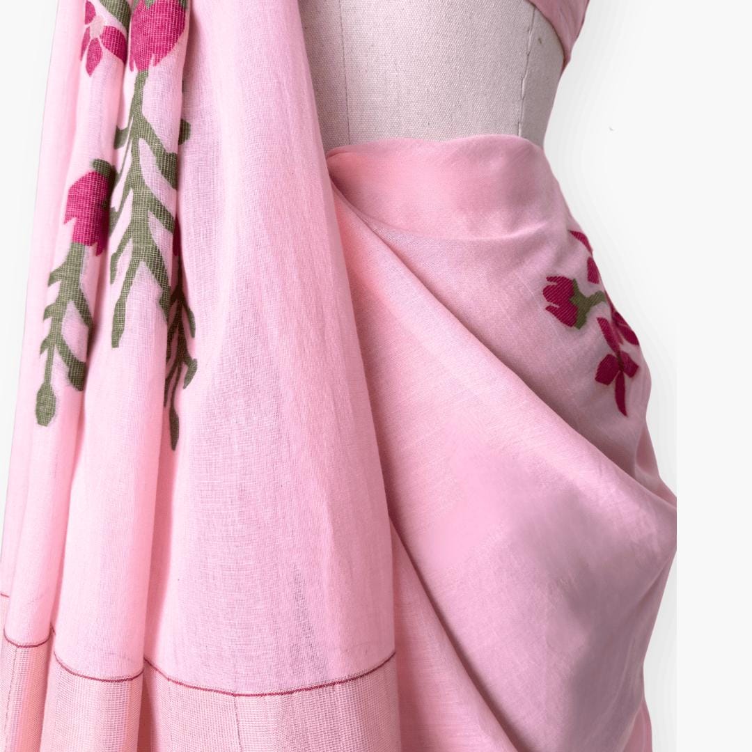The Jamdani Story Saree Saree Baby Pink & Rani Mul Cotton Saree