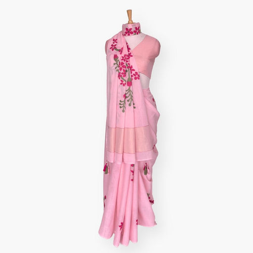The Jamdani Story Saree Saree Baby Pink & Rani Mul Cotton Saree