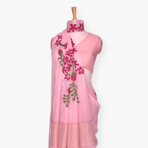 The Jamdani Story Saree Saree Baby Pink & Rani Mul Cotton Saree