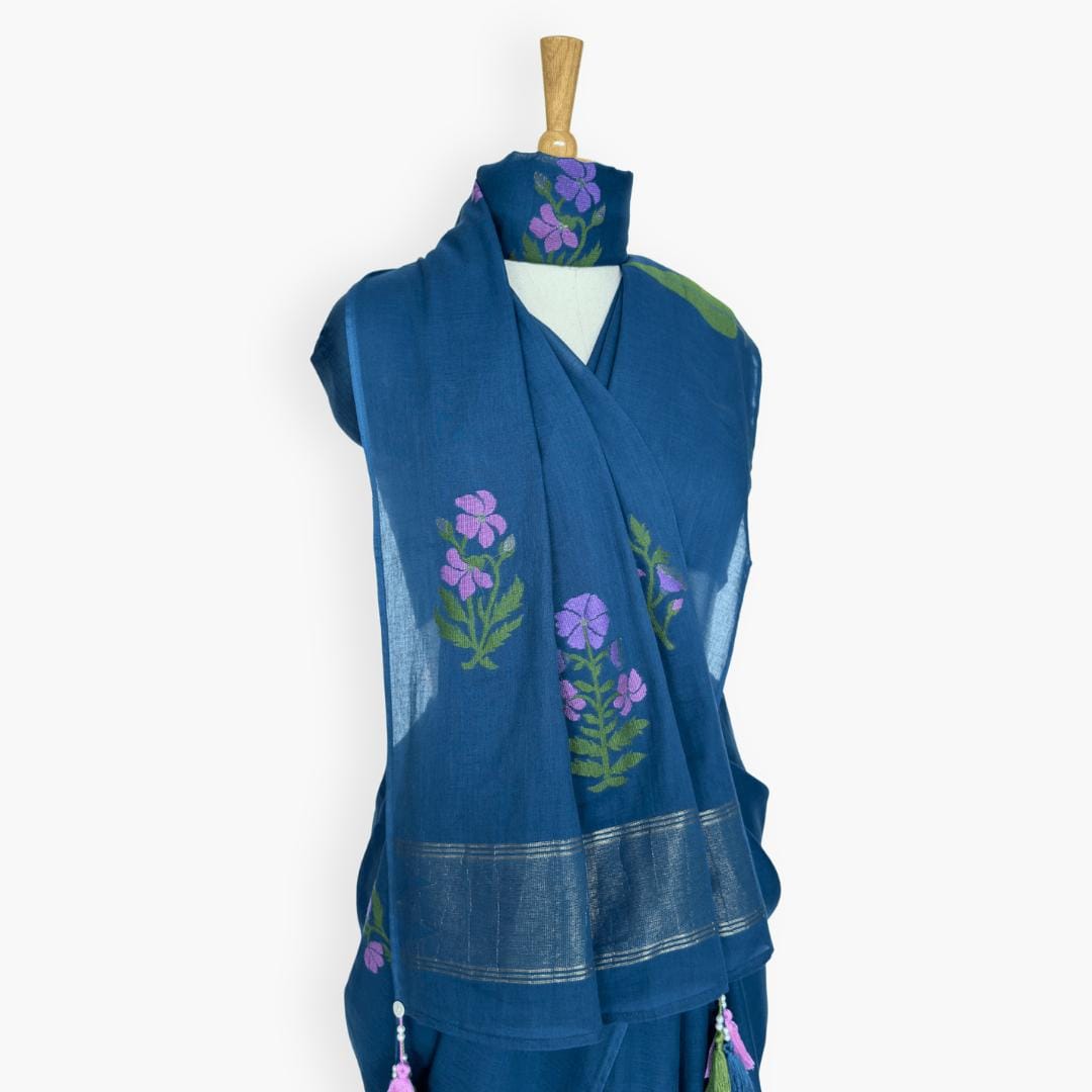 The Jamdani Story Saree Saree Denim Blue & Lilac Mul Cotton Saree