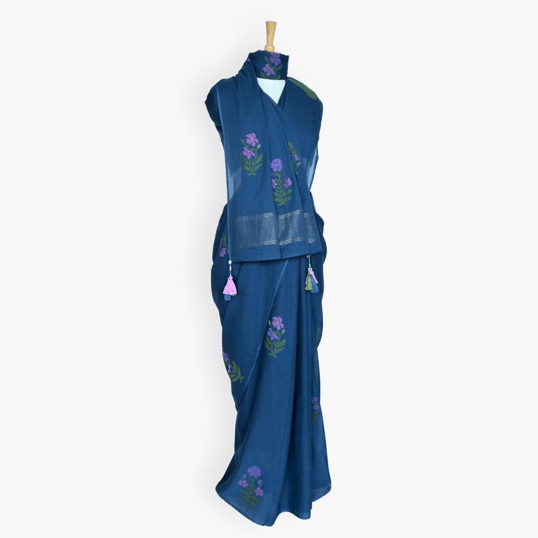 The Jamdani Story Saree Saree Denim Blue & Lilac Mul Cotton Saree