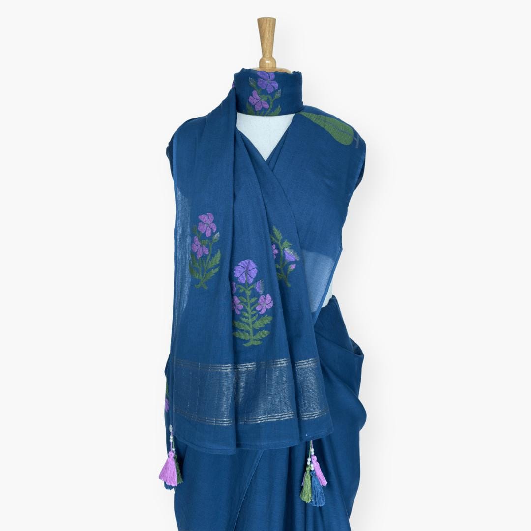 The Jamdani Story Saree Saree Denim Blue & Lilac Mul Cotton Saree