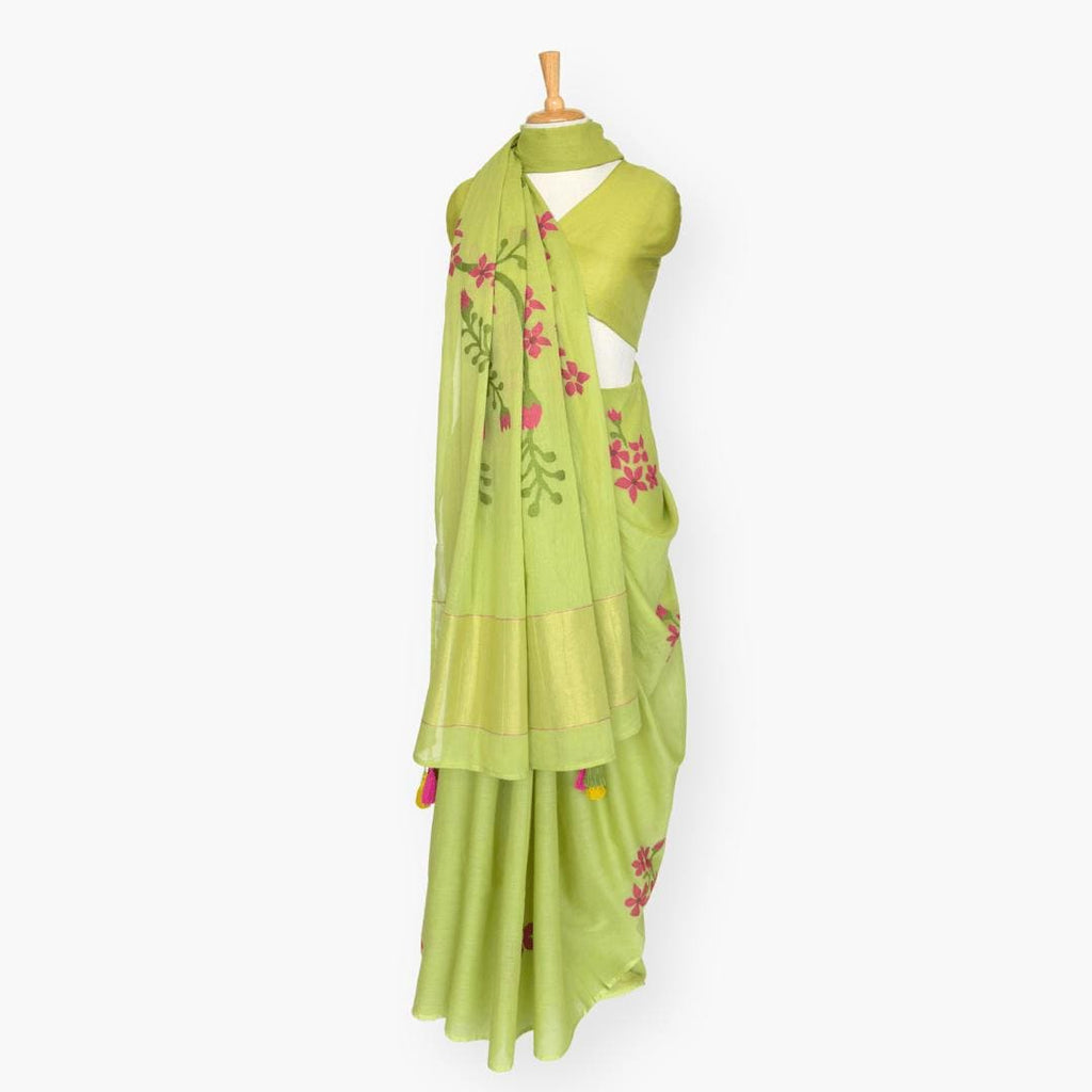 The Jamdani Story Saree Saree Dusty Green & Rani Mul Cotton Saree