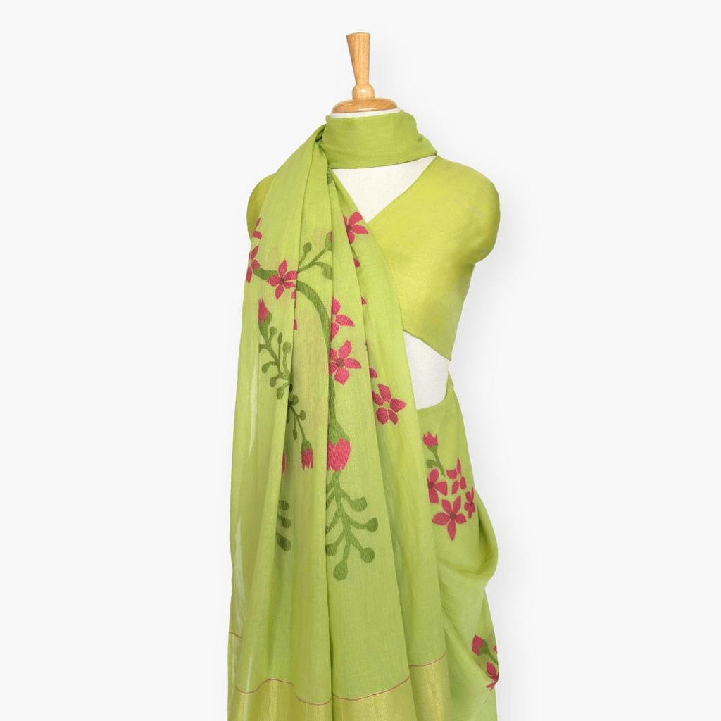 The Jamdani Story Saree Saree Dusty Green & Rani Mul Cotton Saree