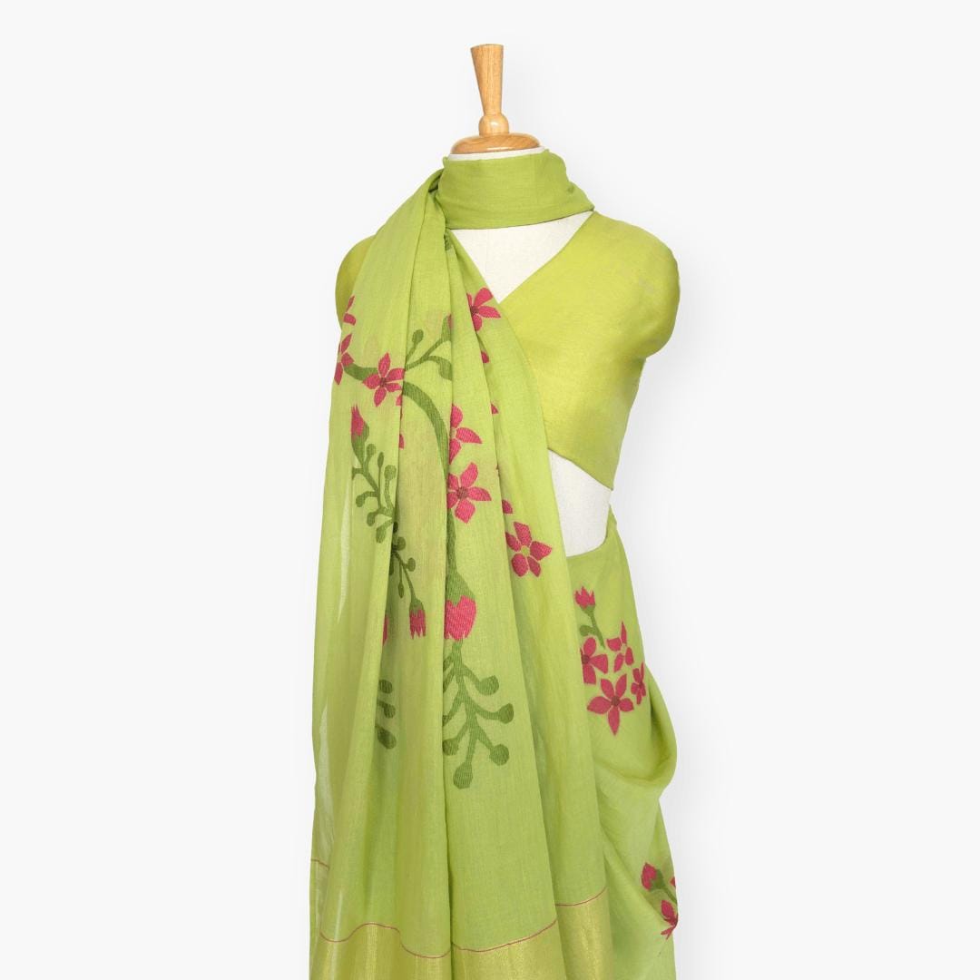 The Jamdani Story Saree Saree Dusty Green & Rani Mul Cotton Saree