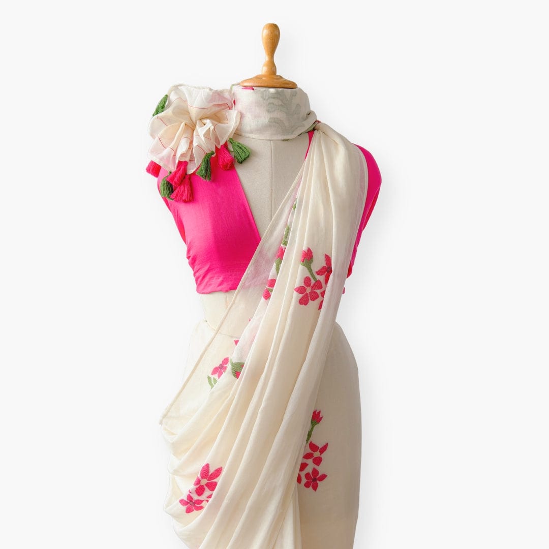 The Jamdani Story Saree Saree Off-White & Rani The Jamdani Story Blooming Vines Woven Pure Mul Cotton Saree with Unstitched Blouse Piece