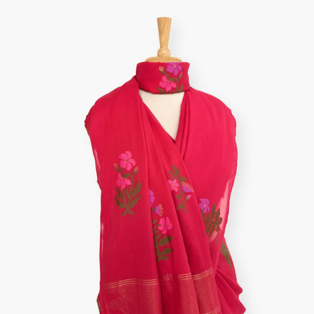 The Jamdani Story Saree Saree Rose Red & Lilac Mul Cotton Saree