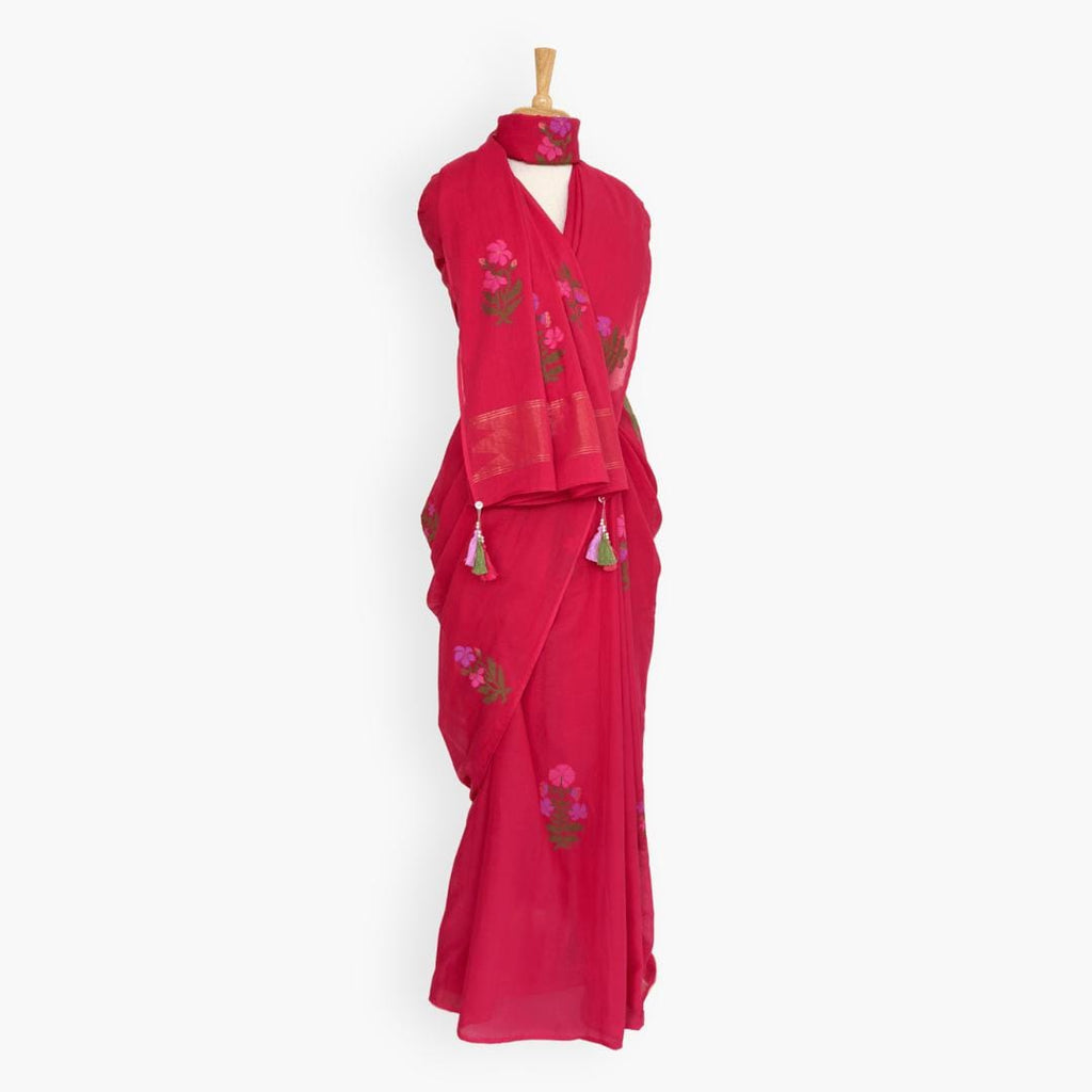 The Jamdani Story Saree Saree Rose Red & Lilac Mul Cotton Saree